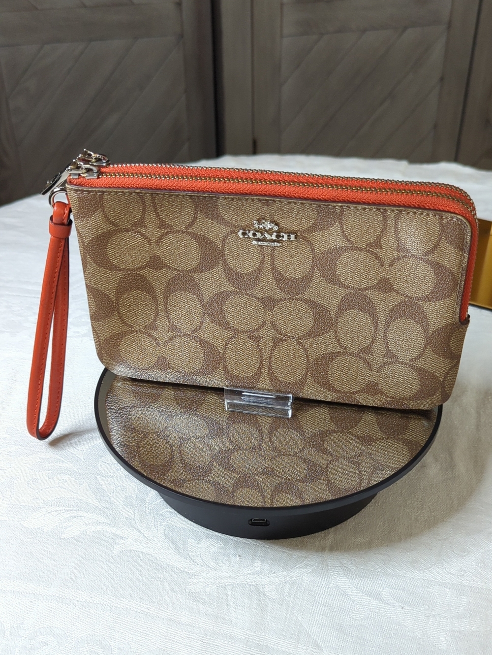 Coach Signature Double L-Zip Wristlet with Rust Leather Trim